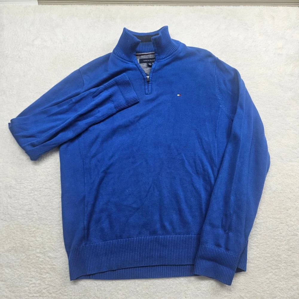 Tommy Hilfiger Mens Royal Blue Quarter Zip Mock Neck Knit Sweater Size Large